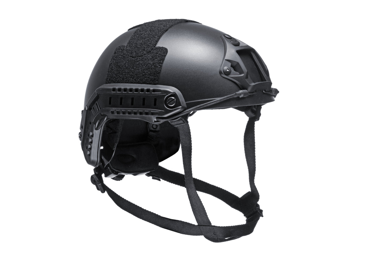 Emerson FAST Helmet MH Replica in Schwarz, Seitenansicht mit NVG-Shroud und Bungee-Kordel