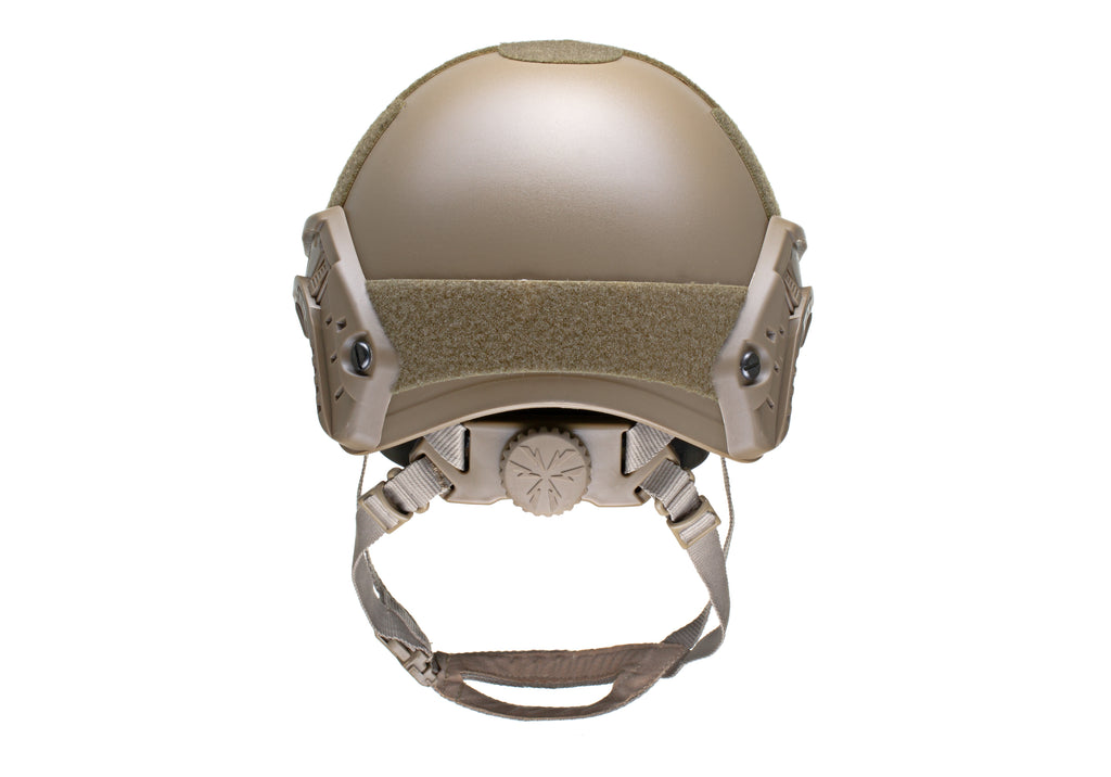 Emerson FAST Helmet MH Replica in Tan, Rückansicht mit Drehverschluss und 4-Punkt-Kinnriemen