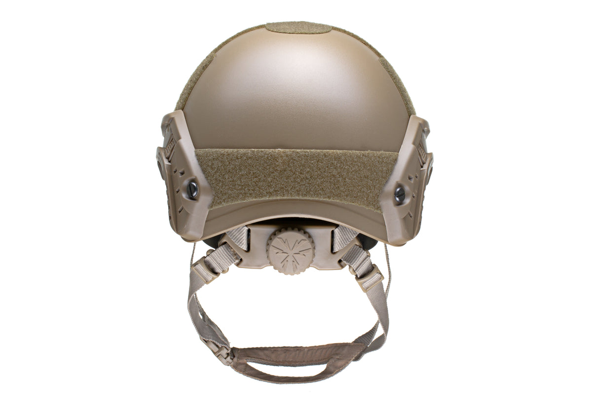 Emerson FAST Helmet MH Replica in Tan, Rückansicht mit Drehverschluss und 4-Punkt-Kinnriemen