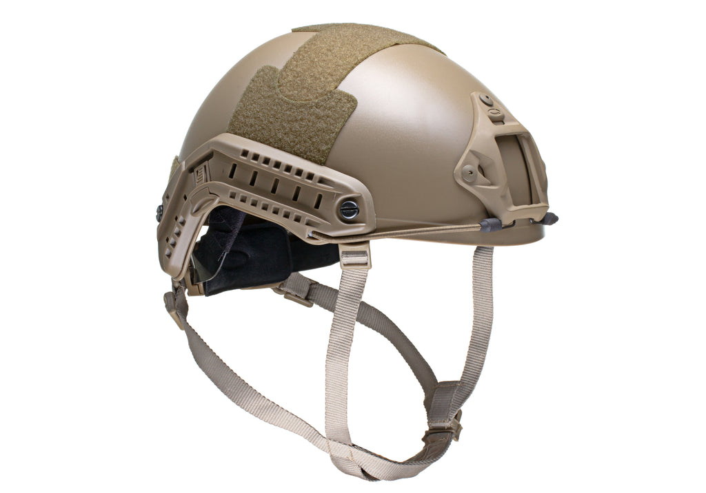 Emerson FAST Helmet MH Replica in Tan, Seitenansicht mit NVG-Shroud und Bungee-Kordel