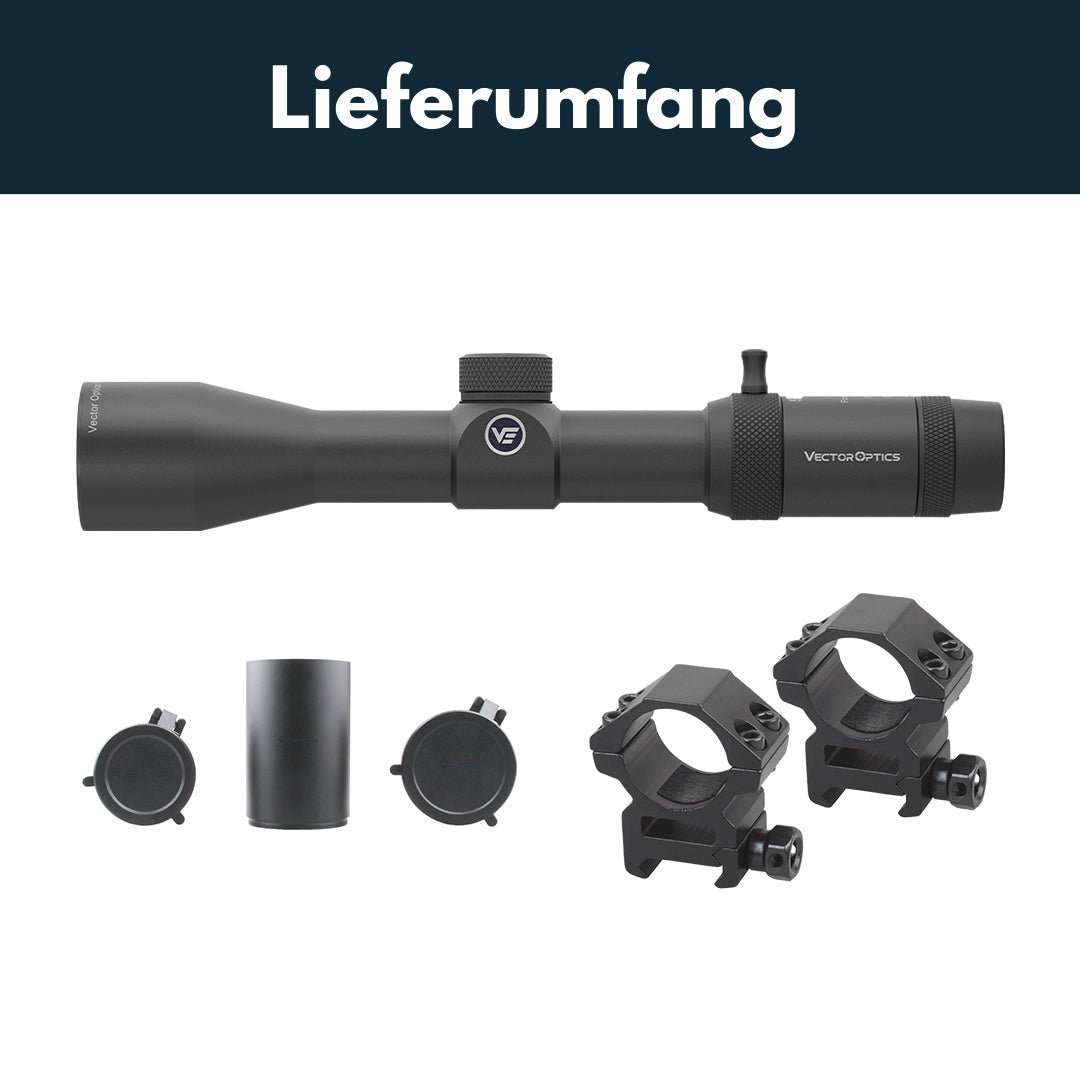 Lieferumfang Forester JR 3-9x40: Zielfernrohr, Montageringe, Schutzkappen, Reinigungstuch