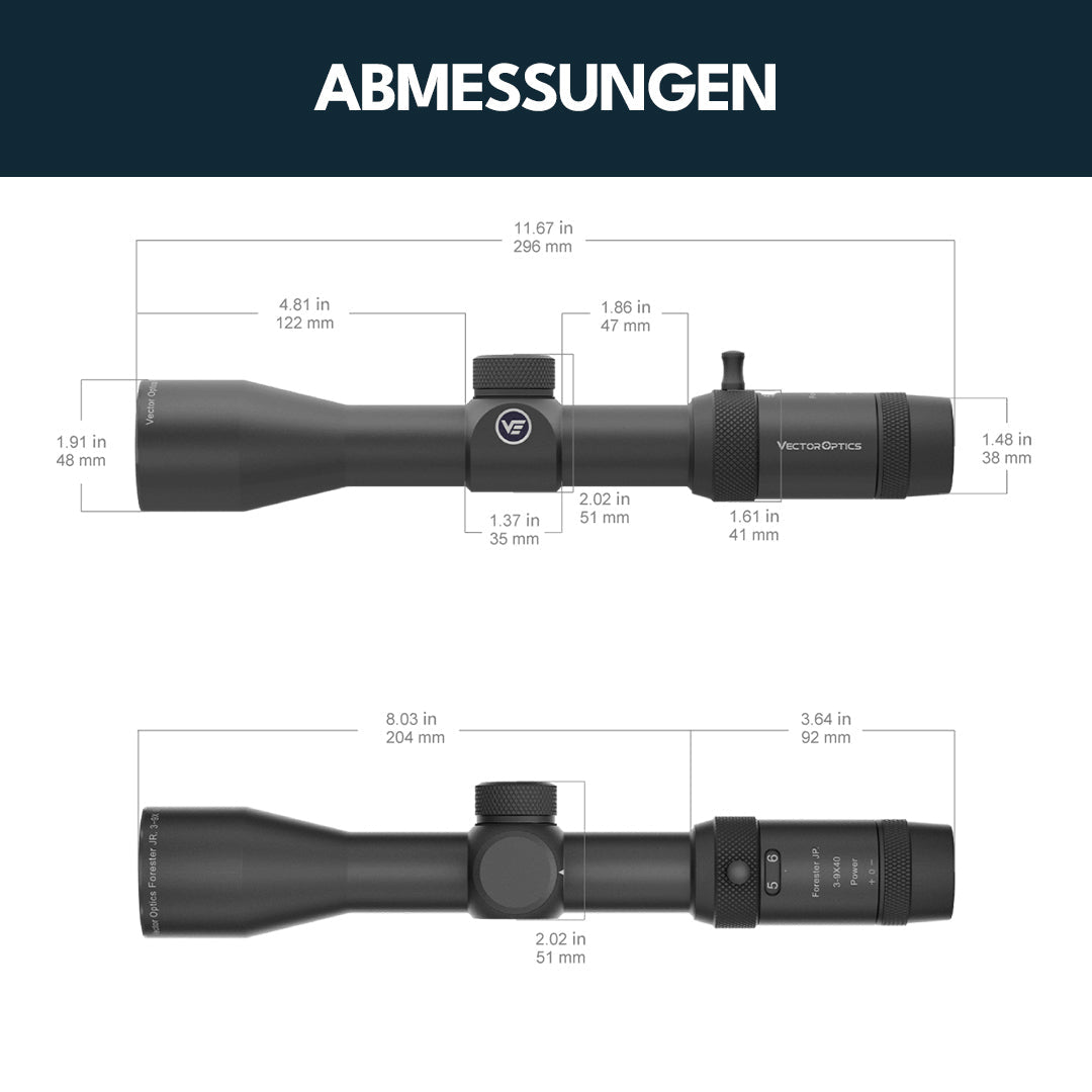 Technische Abmessungen Vector Optics Forester JR Power 3-9x40 in mm