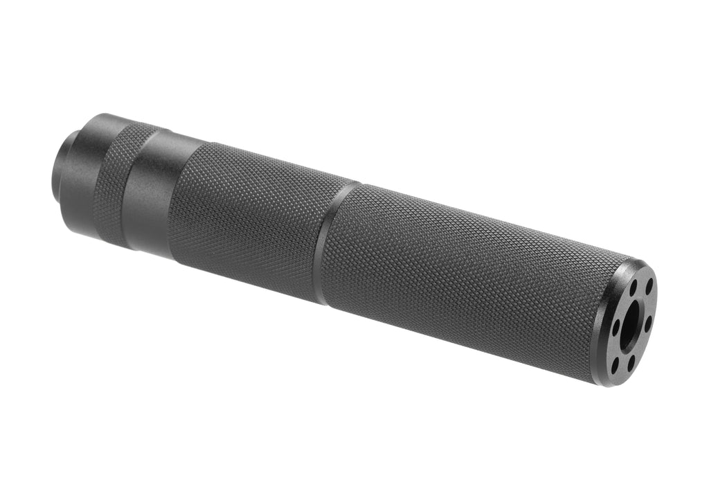 Pirate Arms Silencer V4 155x30mm Airsoft Mock Suppressor in Schwarz, Seitenansicht mit gerändeltem Körper